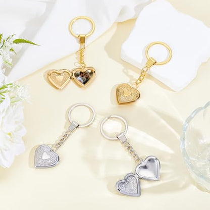 PLIGREAT 4 Pack Photo Locket Keychain, Vintage Heart Locket Keychains with Carved Flower Silver Gold Photo Lockets Key Chains that Holds Pictures Photo Lockets Pendants for Women DIY Craft