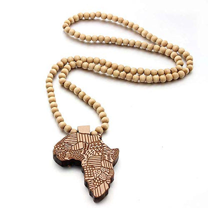 COLORFUL BLING Multicolor 8MM Wooden Bead Chain African Hip-hop Africa Map Pendant Necklace for Men Boys Natural Wood Jewelry - color: style2 light