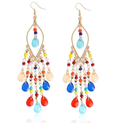Boho Chandelier Earrings, Beaded Tasse Dangle Earring for Women, Red, Black, Blue, White, Colorful Long Earrings - color: Colorful