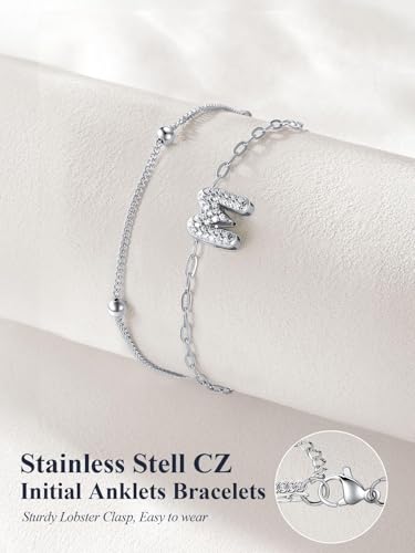 U7 Initial Ankle Bracelets for Women Silver/Gold Anklets Waterproof, 14K Gold Plated Layered Anklets Bracelet Stainless Steel Hypoallergenic 8.5"-10.5" - color: Silver-CZ, size: H