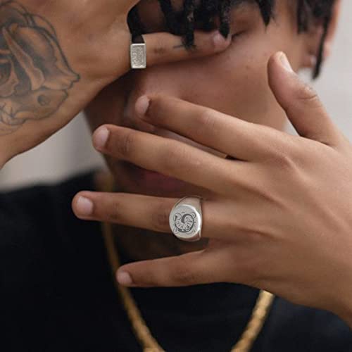 GoldChic Jewelry Personalized Signet Rings Men Women, Stainless Steel Custom Photo Bold Square/Oval Monogram/Old English Initial Pinky Stacking Statement Ring in Black/Silver/Gold (Size 7-14) - color: Steel-Initial -Round