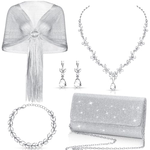 Tiamon 5 Pcs Rhinestone Jewelry Sets Shawls and Wraps Formal Clutch Purses for Women Evening Dresses Weddings Engagement - style: Elegant