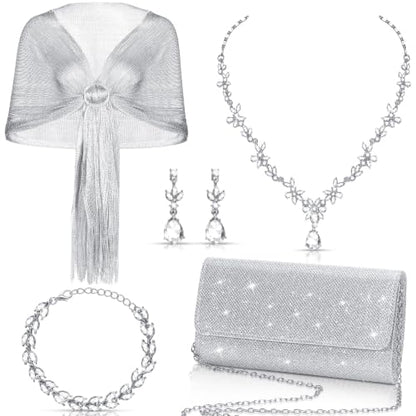 Tiamon 5 Pcs Rhinestone Jewelry Sets Shawls and Wraps Formal Clutch Purses for Women Evening Dresses Weddings Engagement - style: Elegant