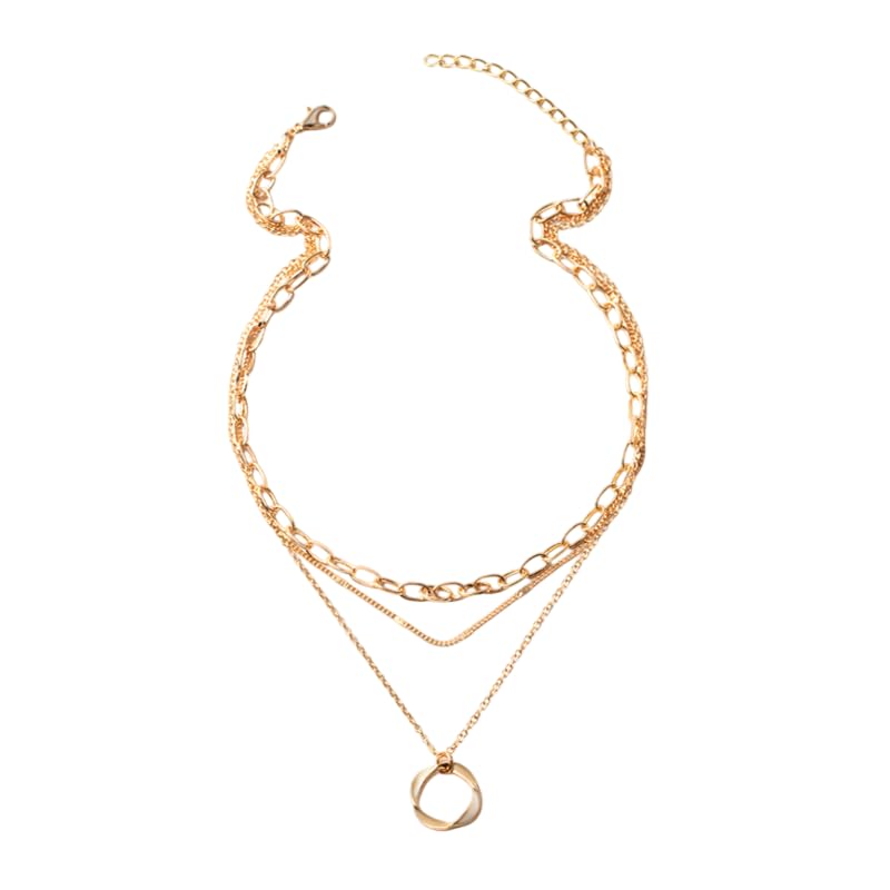 18K Gold Plated Triple Layered Necklace for Women, Multi-Strand Choker with Twisted Eternity Circle Pendant, Elegant Link and Dainty Chain Jewelry for Professional Outfits and Modern Fashion Accents