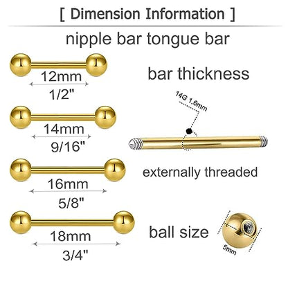 MODRSA 14g 16g Nipple Rings Tongue Rings 14 Gauge Surgical Steel Nipple Bar Barbell 14mm 16mm 18mm Silver Rose Gold Black Tongue Piercing Jewelry for Women Men - color: A21 - Gold - 14g mix 4 lengths