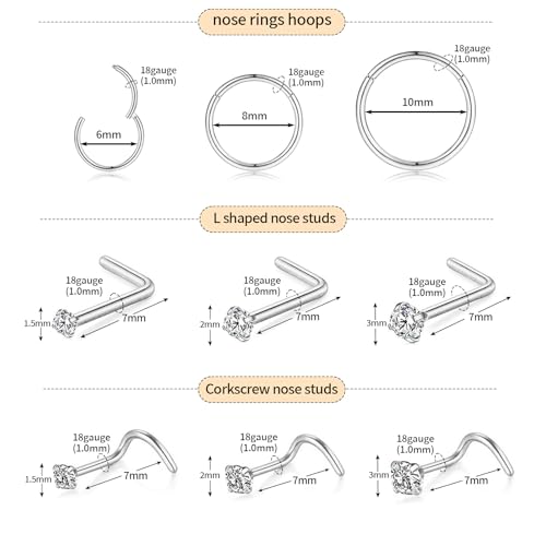 15PCS 14K Gold Plated Nose Rings Studs Set for New Piercing Beginners - color: Silver-18g 9pcs Hoops and Stud set