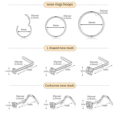 15PCS 14K Gold Plated Nose Rings Studs Set for New Piercing Beginners - color: Silver-18g 9pcs Hoops and Stud set