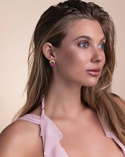 Small Twist Interlock Chunky 18K gold plated Gemstone Natural Stone (Brown, Green, Pink, White) Statement Earrings for Women by SNGIA, Dainty Love Knot Tiger Eye Amber Jade Tourmaline Bold Handmade Exaggerated Dome Retro Rounded Button Half Ball Trendy Bo