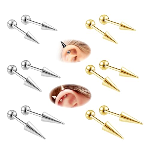 ZS 20G Spike Nose Rings Studs, 18G Stainless Steel Spike Stud Earrings, 16G Septum Lip Rings Cartilage Tragus Helix Piercing for Women Men - color: 12pcs 18g ear studs(gold+silver)