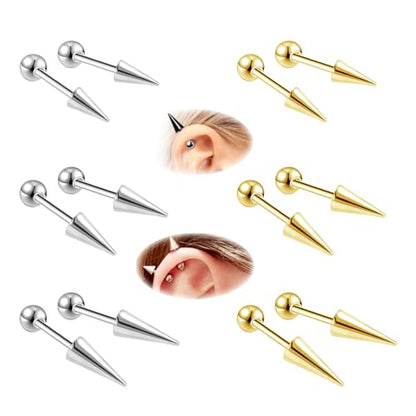 ZS 20G Spike Nose Rings Studs, 18G Stainless Steel Spike Stud Earrings, 16G Septum Lip Rings Cartilage Tragus Helix Piercing for Women Men - color: 12pcs 18g ear studs(gold+silver)