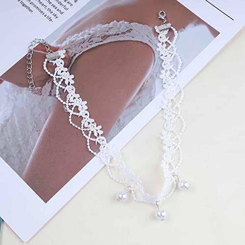 YienDoo Vintage Lace Choker Necklace White Gothic Lace Pattern Punk Tassel White Pearl Beaded Pendant Princess Bridal Lolita Statement Necklace Jewelry For Women