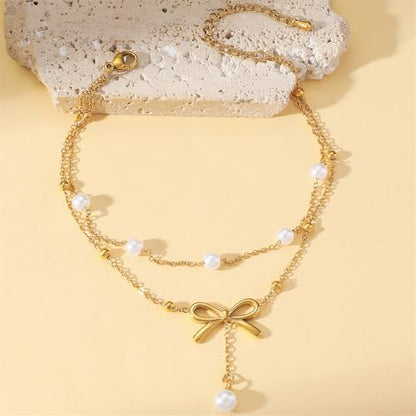 Kokoma Bow Knots Pearl Dangle Anklet for Women Elegant Bows Double Layered Anklets Chain Stackable Adjustable Foot Link Chains Jewelry Stainless Steel