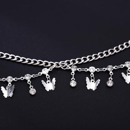 Gold Belly Chain Rhinestone Body Jewelry Chain Plated Waist Chains Layered Body Waist Summer Beach Bikini Jewelry for Women - style: butterfly-silver