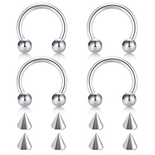 D.Bella 22G 20G 18G 16G 14G 12G 10G 8G 6G 4G 2G 0G 00G Surgical Steel Nose Septum Horseshoe Hoop Eyebrow Lip Navel Belly Nipple Piercing Ring Helix Tragus Daith Rook Captive Earrings Replacement Spikes - color: A5 -4pcs, Silver, size: 20g,10mm inner