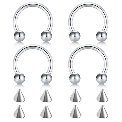 D.Bella 22G 20G 18G 16G 14G 12G 10G 8G 6G 4G 2G 0G 00G Surgical Steel Nose Septum Horseshoe Hoop Eyebrow Lip Navel Belly Nipple Piercing Ring Helix Tragus Daith Rook Captive Earrings Replacement Spikes - color: A5 -4pcs, Silver, size: 16g,10mm inner