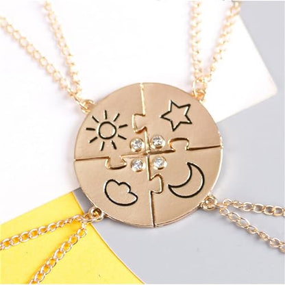 3pcs Friendship Moon Sun Star Puzzle Matching Necklace Set Gold Silver Plated Cute Crescent Round Circle Geometric Best Friend BFF Pendant Necklace for 3 Women Sisters Daughter Birthday Jewelry Gifts - color: 4pcs gold necklace