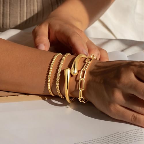 M MOOHAM Chunky Gold Bangle Bracelets for Women, Dainty 14k Gold-Plated Thicker Statement Bangles Twist Cuff Bracelet Set Stack for Women Non Tarnish Trendy Jewelry Gifts - color: 03. Chain Bracelets&Bangle-4PCS