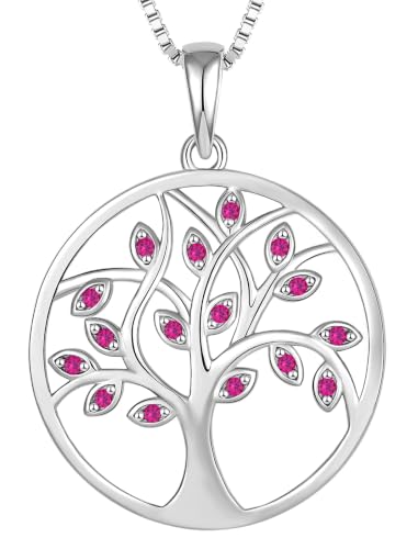 YL 925 Sterling Silver Tree of Life Necklace for Women Round Tree Pendant Birthstone Jewelry for Mom - color: 07-ruby-Jul