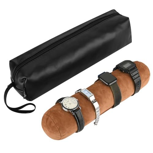 Cosmos Black Color PU Leather Watch and Bracelet Travel Storage Roll Bag with Brown Removable Tube Velvet Holder - color: Roll Bag-PU Leather