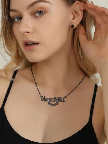 GoldChic JEWELRY Name Necklace Personalized for Men, Womens Custom Name Plate Chain, Stainless Steel Customized Old English Nameplate Choker with Curb Chains Custom, 16 inches to 30 inches - color: Rolo Chain(1.8 mm)&Bat-Black