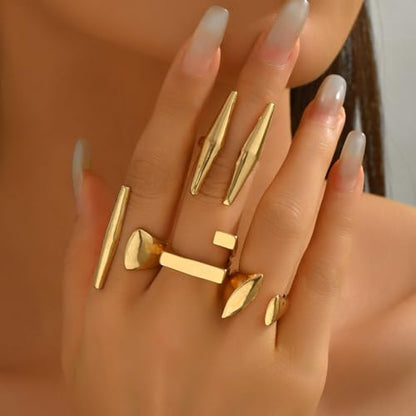 Gold Geometric Open Ring Set for Women, 4Pcs Adjustable Minimalist Rings, Abstract Sculptural Jewelry Set for Daily Wear and Gift - style: 0032-stackable rings