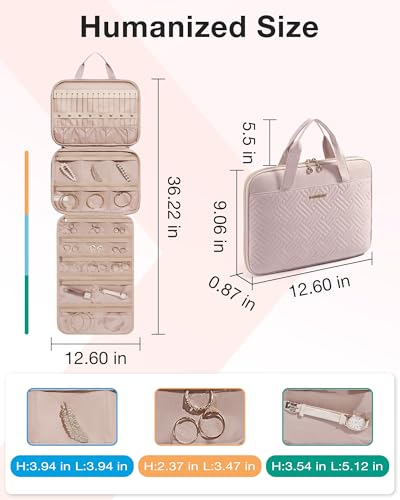 BAGSMART Travel Jewelry Case, Hanging Roll Jewelry Bag with Zipper Pockets Jewelry from Oxidation, Large Capacity for Earrings, Necklaces, Rings on Closet, Wall, Door, Portable Travel Essentials, Pink - color: Pink