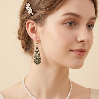 Bohemian Crystal Teardrop Pendant Earring, Vintage Olive Green Hollow Out Flower Floral Dangle Earrings Tribal Geometric Design Handmade Ethnic Statement Jewelry Gift for Women