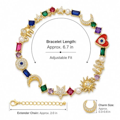 Sun and Moon Bracelets for Women Gold Charm Bracelet Star Heart Elephant Colorful Rhinestone Dainty Celestial Jewelry Gifts