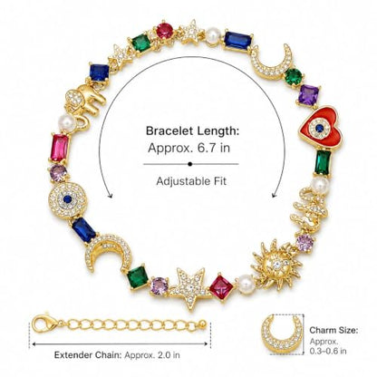 Sun and Moon Bracelets for Women Gold Charm Bracelet Star Heart Elephant Colorful Rhinestone Dainty Celestial Jewelry Gifts