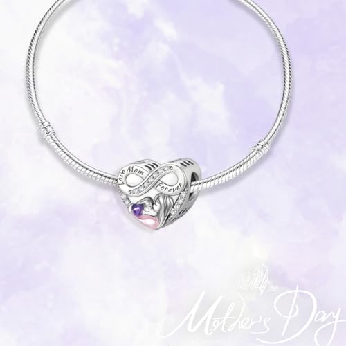 925 Sterling Silver Charms for Bracelets Necklaces Dangle Pendant With 5A Cubic Zirconias Bead Charm for Women DIY Jewelry - style: Love Mom Forever