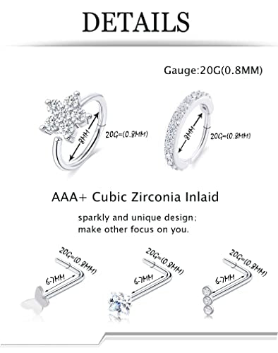 Akeoqi 29Pcs 20G Nose Ring Studs Nose Ring Hoops Stainless Steel L Bone Screw Shape CZ Butterfly Snake Star Heart Moon Shape Nose Piercing Jewelry for Women Silver Tone - style: A:29Pcs(Heart)