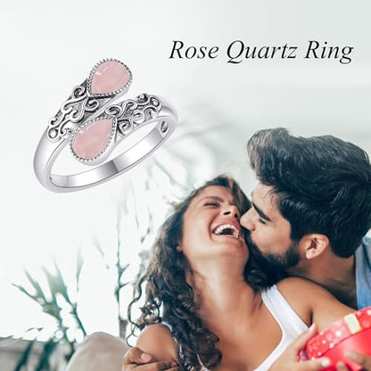Ring for Women Sterling Silver Adjustable Band Open Rings Jewelry Gifts for Girls - style: Rose Quartz
