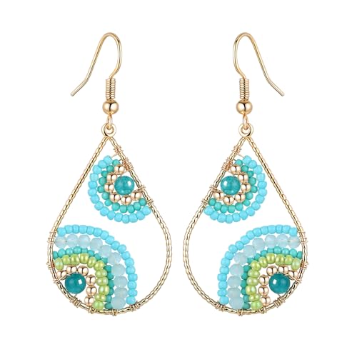 Boho Turquoise Dangle Earrings For Women Trendy,Western Blue Gemstone Drop Earings,Vintage Gothic Ethnic Statement Beach Vacation Long Birthstone Earrings with Leaf Teardrop Turquoise Crystal Tassels,Fashion Jewelry Birthday Gift. - style: A10 Seed Beads