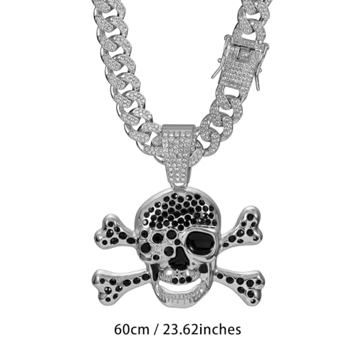 Slip Chain Choker for Women Handmade Black Stainless Steel Cuban Chain Chunky Moon Bat Raven Skull Pendant Gothic Punk Rock Collar Adjustable Lariat Y Necklace for Men - style: Silver skull