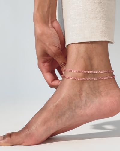 Robaice Ankle Bracelets for Women, 14K Gold Plated/Silver Layered Anklets | Waterproof Adjustable Anklet for Women, Summer Beach Anklet, Glitter Jewelry for Women Gifts - color: Rose Gold