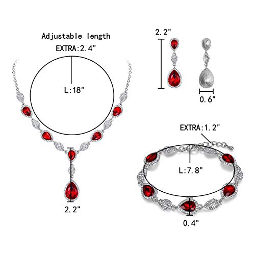 EleQueen Women's Wedding Bridal Jewelry Sets for Brides Bridesmaids, Cubic Zirconia Teardrop Necklace Tennis Bracelet Dangle Earrings Jewellery Set - color: 04-Ruby Color Clear-Tone