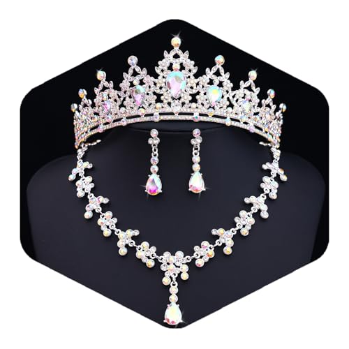Crystal Crown and Tiara Jewelry Set for Women Bride with Necklace Earrings | Metal Rhinestone Royal Queen Princess Jewelry Set Wedding Quinceanera Pageant Prom Birthday Halloween Party Costume Gift - color: Silver ab