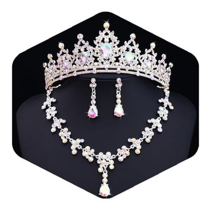 Crystal Crown and Tiara Jewelry Set for Women Bride with Necklace Earrings | Metal Rhinestone Royal Queen Princess Jewelry Set Wedding Quinceanera Pageant Prom Birthday Halloween Party Costume Gift - color: Silver ab