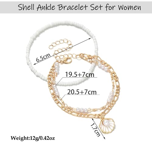 Shell Ankle Bracelet Set for Women,Boho Adjustable Beads Anklet Pack Natural White Shells Stack Stretch Seashell Pearl Starfish Bracelet Set Hawaiian Beach Vacation Foot Jewelry - style: G-Pearl Shell