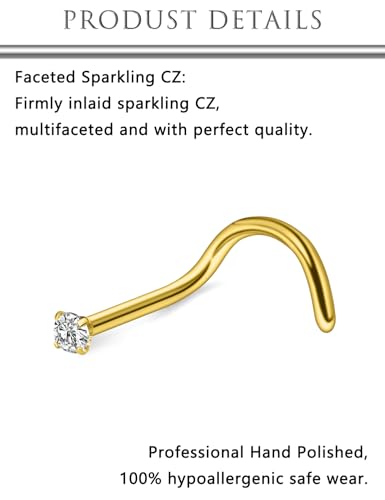 Hoeudjo Nose Studs Surgical Steel Cubic Zirconia Nose Rings Kit for Women Men Tiny Nose Stud Bone & Screw & L Shaped Nostril Piercing Jewelry 24/22/20/18 Gauge 10 Pieces - color: gold-tone,screw nose studs, size: 20g/1.5mm clear CZ
