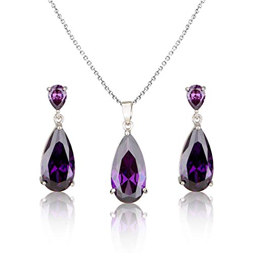 Wedding Jewelry Set for Bridesmaids - Sterling Silver Teardrop CZ Crystal Cubic Zirconia Rhinestone Diamond Bridal Necklace Earrings Set for Bride Mother of Bride Party Prom Birthstone Costume Jewelry - color: Feb-Amethyst