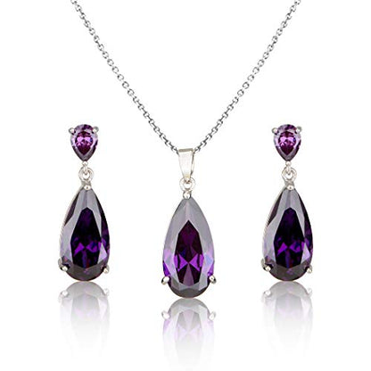 Wedding Jewelry Set for Bridesmaids - Sterling Silver Teardrop CZ Crystal Cubic Zirconia Rhinestone Diamond Bridal Necklace Earrings Set for Bride Mother of Bride Party Prom Birthstone Costume Jewelry - color: Feb-Amethyst