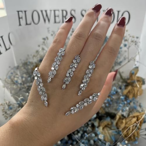 Elegant Leaves Open Palm Bracelet Adjustable Wedding Three Finger Ring Cuff Cubic Zircon Hand Bangle for Women Silver
