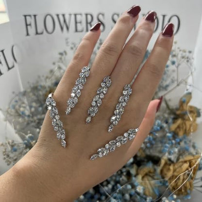 Elegant Leaves Open Palm Bracelet Adjustable Wedding Three Finger Ring Cuff Cubic Zircon Hand Bangle for Women Silver