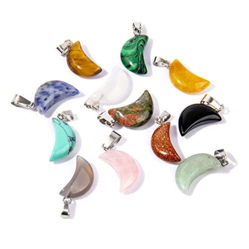 12PCS Natural Stone Cross Pendant Gemstone Charms Bulk for Jewelry Making | Healing Crystal Quartz Chakra Reiki Gemstone Pendants Charms Bulk for Necklace Craft - color: Assorted Color Moon