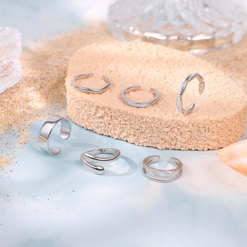 NICEIGHT 6Pcs 14K Gold Filled Toe Rings for Women Non Tarnish Silver Flower Hug Band Toe Rings Simple Adjustable CZ Twist Toe Ring Summer Beach Foot Jewelry for Women - color: Silver A