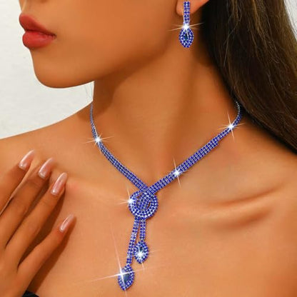Unicra Silver Rhinestone Bridal Wedding Jewelry Set Crystal Necklace Earrings Sets Formal Prom Costume Jewelry Sets for Women and Brides - color: Blue