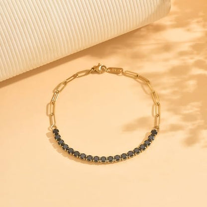18K Gold Plated Tennis Bracelets for Women, Adjustable Cubic Zirconia Bracelet with Multi-color 4mm CZ Diamond Paperclip Chain, Dainty Trendy Birthday Bridal Jewelry Gifts for Women Daily Party Wear - color: Black