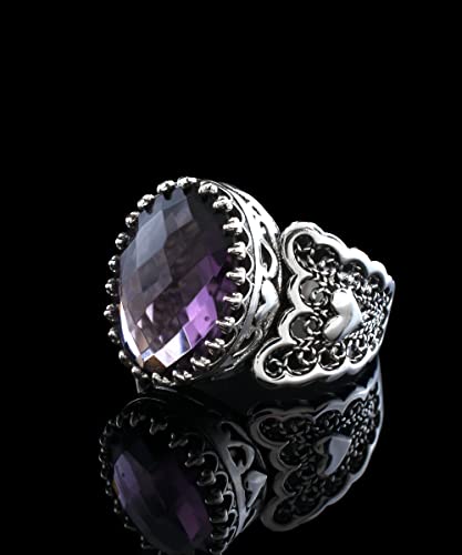 Filigranist 925 Sterling Silver Handcrafted Filigre Art Double Heart Detailed Women Cocktail Ring with Gemstones - color: Amethyst
