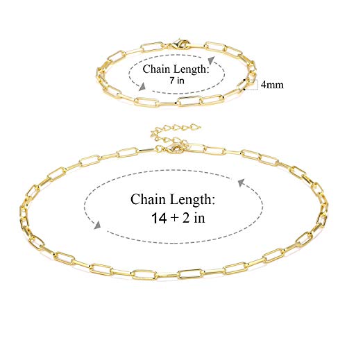 14K Gold Plated Dainty Paperclip Link Chain Necklace Bracelet Set for Women
